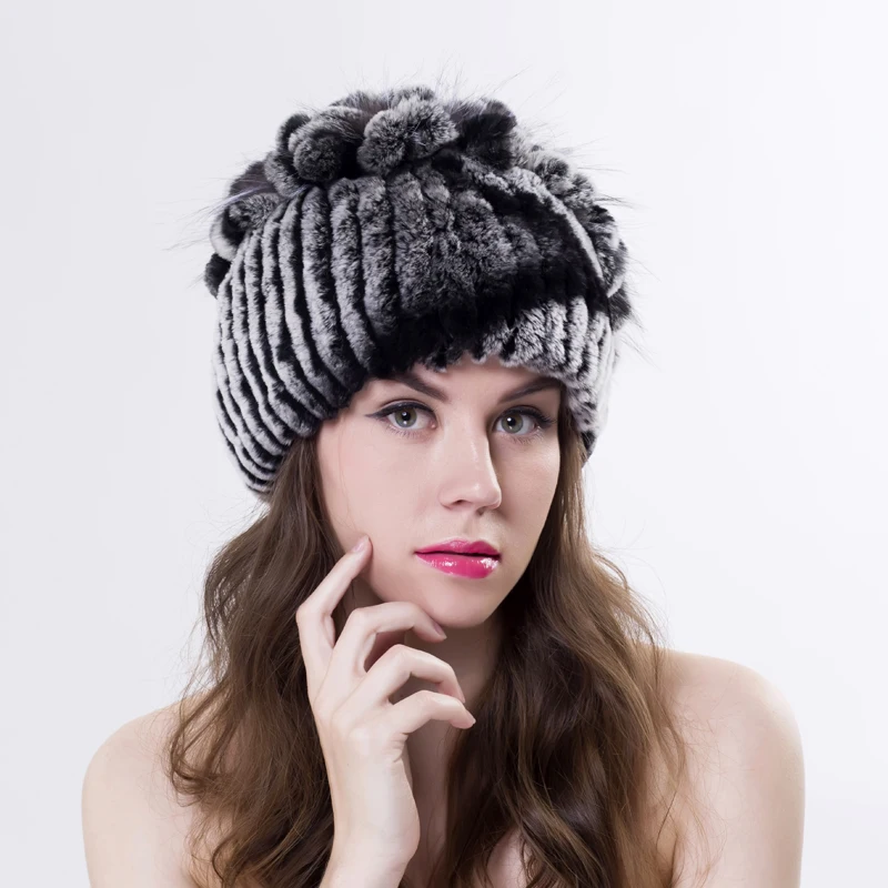 

winter beanies fur hat for women knitted rex rabbit fur hat with fox fur flower top free size casual women's hat
