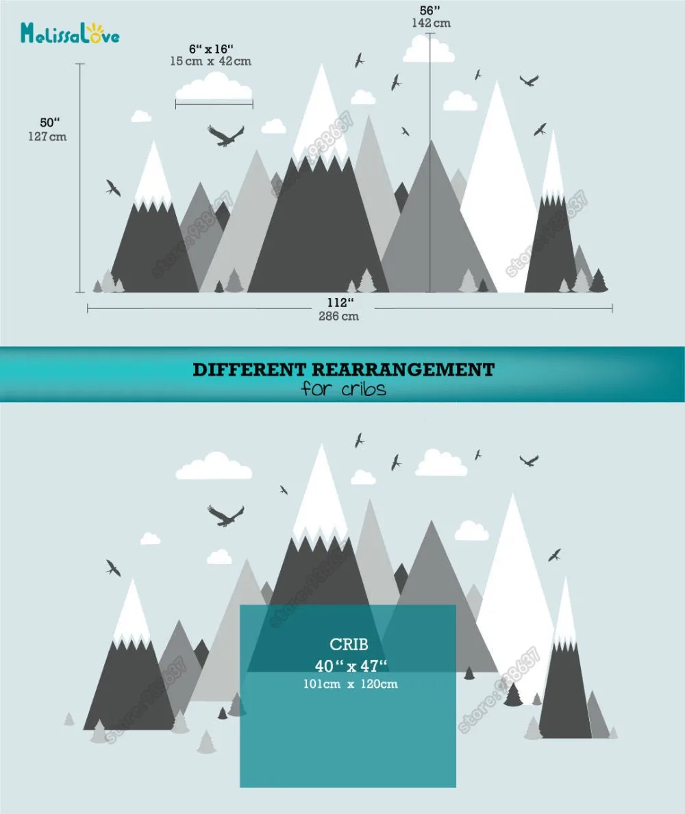 Большая детская комната, наклейка, тематический Декор, огромные горные облака, птицы, детская комната, съемная виниловая наклейка на стену JW373