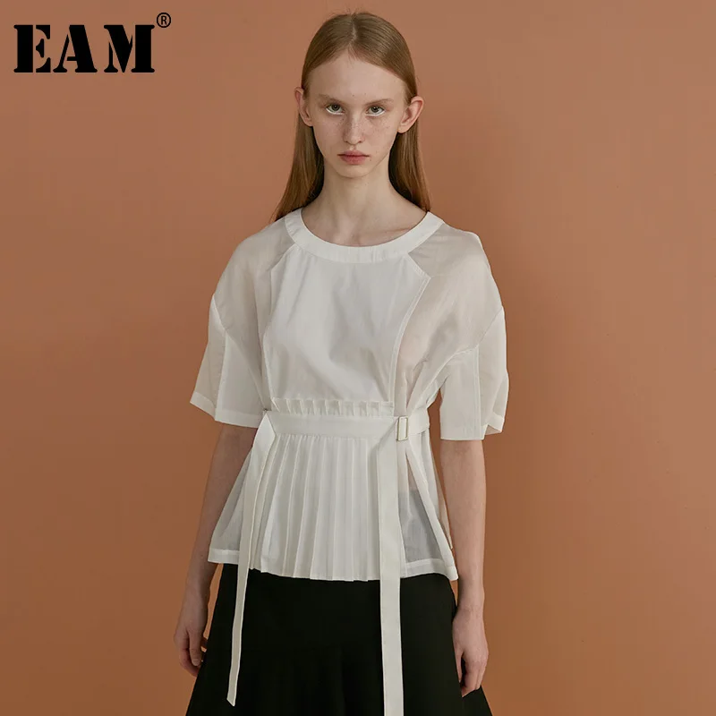 

[EAM] 2019 New Spring Summer Round Neck Half Sleeve Pleated Mesh Stitch Bandage Big Size T-shirt Women Fashion Tide JT360