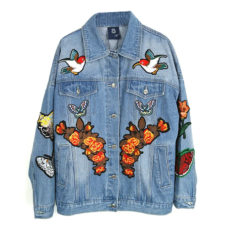 Джинсовая куртка с цветочной вышивкой в виде животных, женская джинсовая куртка большого размера с длинным рукавом и карманом с отворотом, винтажная джинсовая куртка в стиле Харадзюку - Цвет: Синий