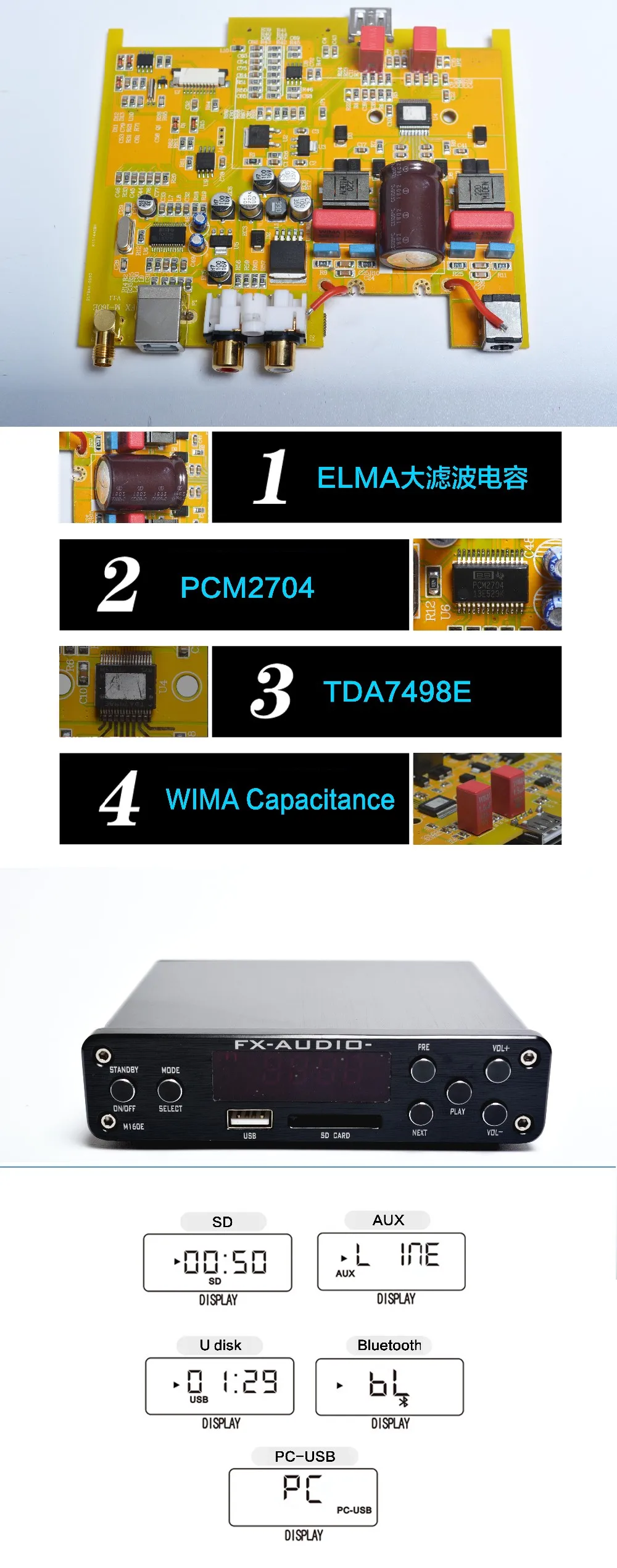 FX-Audio M-160E Bluetooth@4.0 цифровой аудио усилитель вход USB/SD/AUX/PC-USB Loseless плеер для APE/WMA/WAV/FLAC/MP3 160W* 2