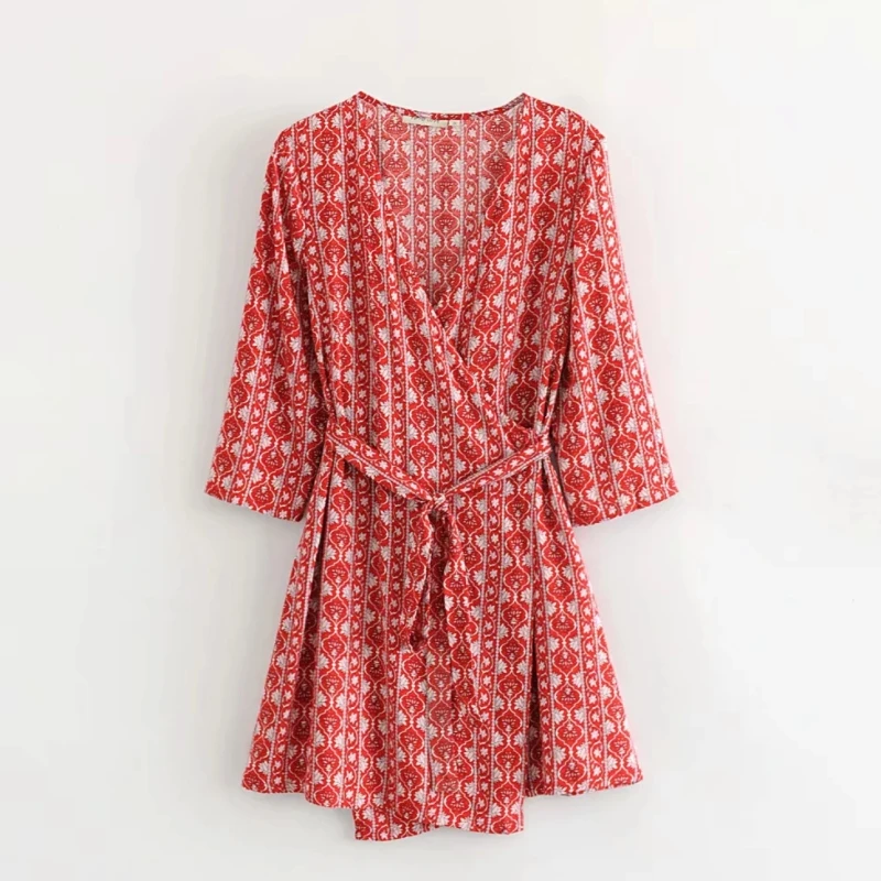 

Flower Print Women V Neck Cross Mini Wrap Dress Leisure Female Three Quarter Sleeve Dresses 2019 Autumn Loose Streetwear D3207