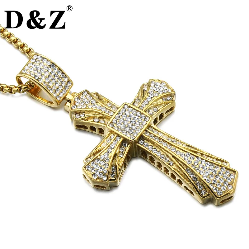 D&Z Hiphop Rhinestone Crystal Cross Pendant & Necklace Gold Color Religious Cross Necklace for Christian Jewelry