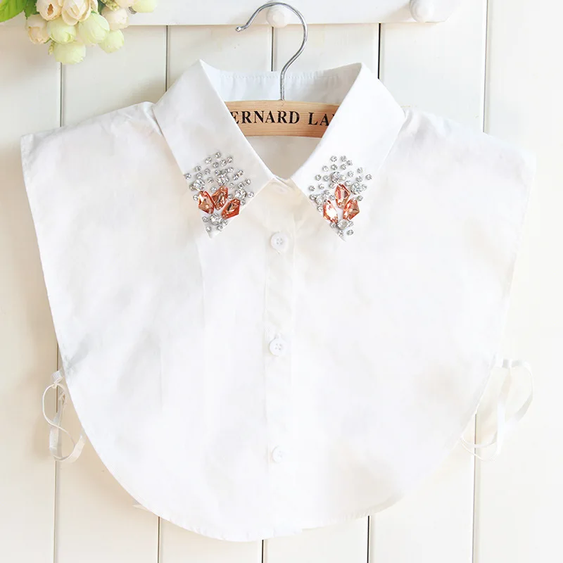 

2018 Fashion Cotton Powder Crystal Fake Collar White Shirt Women Diamond Crystal Nail Bead False Collar Blouses Drop Shipping