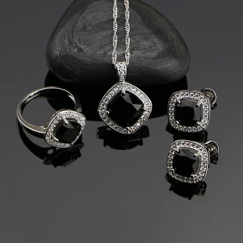 

925 Sterling Silver Black Cubic Zirconia White Zircon Jewelry Set For Women Wedding Earring Rings Pendant Necklace Set