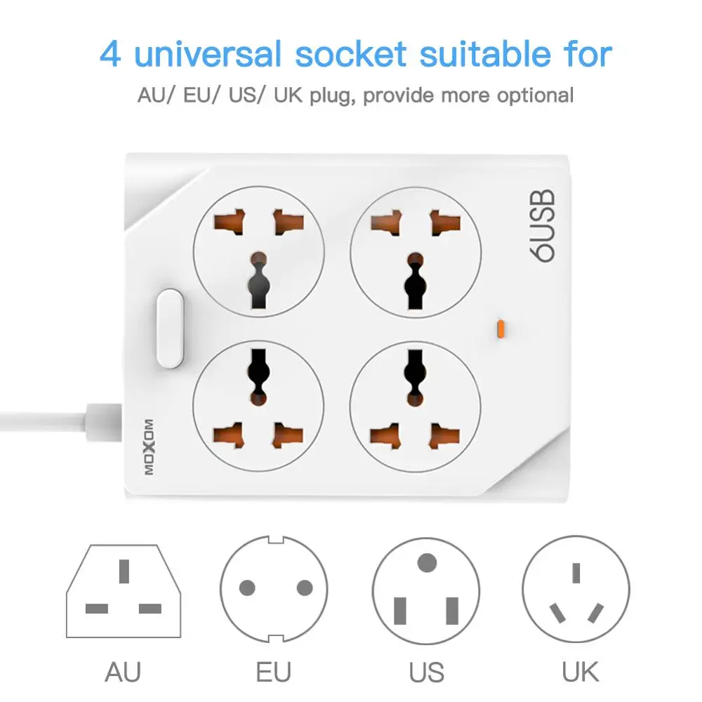 Удлинитель MOXOM с 6 USB портами и 4 стандартными розетками для быстрой