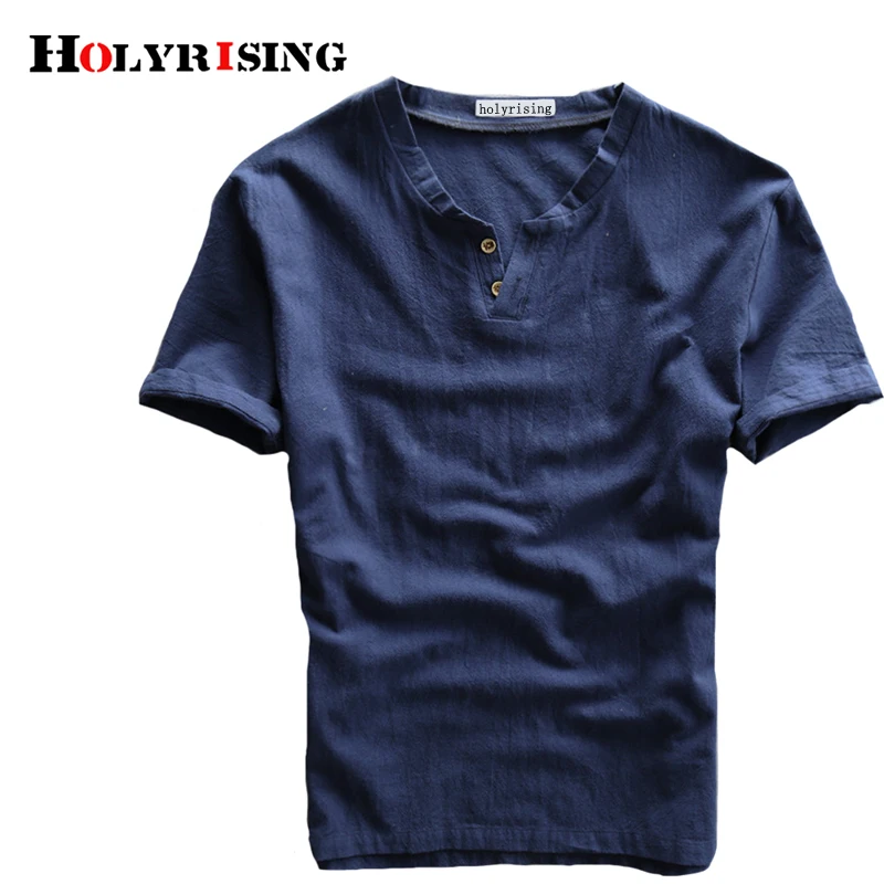 

Holyrising Men T-shirts Linen Tee Round Collar T Shirt Breathable Tshirts Button Summer Camisas Hombre Loose Oversized Top 18879