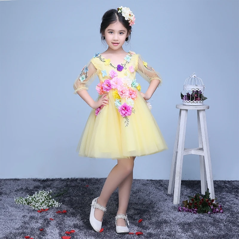 

V Neck Half Sleeves Flower Girls Dresses Summer 2017 New Yellow Above Knee Ball Gown Prom Dresses Children Girls Clothes P35