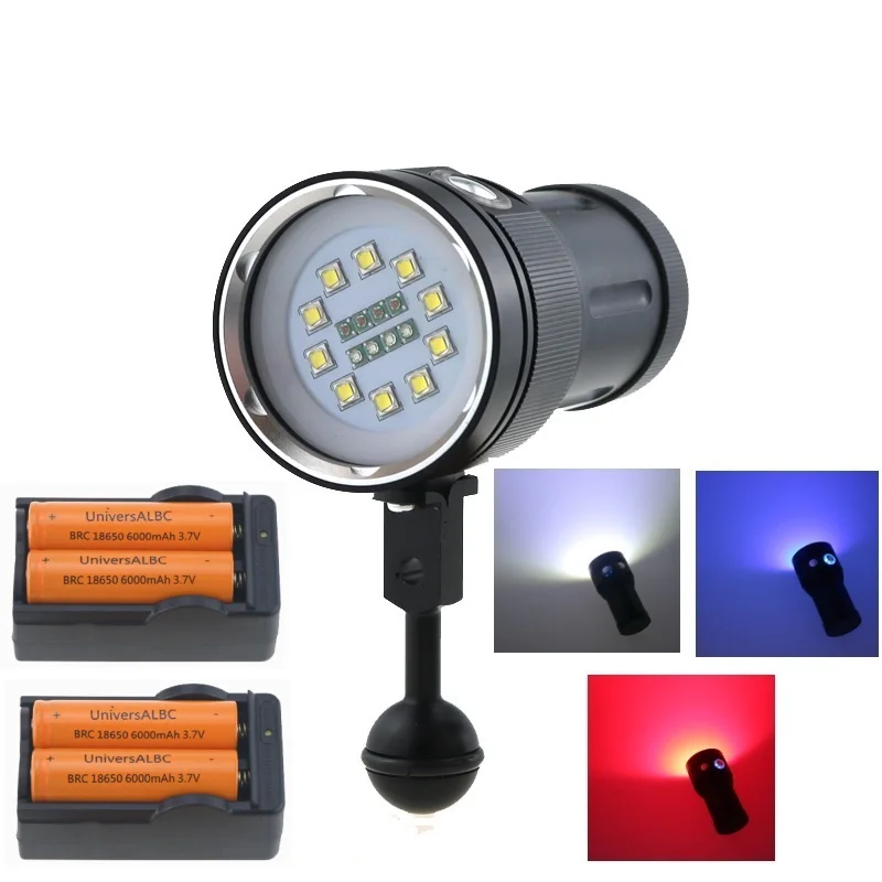 

18000 Lumen Underwater Video Diving Flashlight 10x White Light +4x Red Light+4x UV / Blue Light + Ball Mount + 18650 Battery