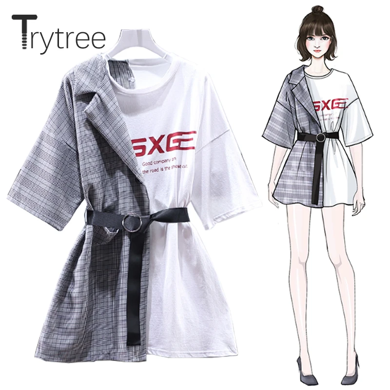 

Trytree Summer Dress Asymmetry Women Plaid Patchwork T-shirt dresses O-Neck Sashes Above Knee Loose Black and White Casual Dress