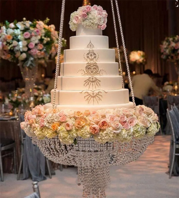 

Clear crystal chandelier style drape suspended cake swing cake stand decor party wedding backdrop with artificial flower stand