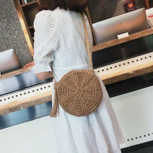 Women Crossbody Tassel Bag Fashion Female Round Circular Rattan Shoulder Bag Handmade Straw Woven Beach Embroidery Handbag