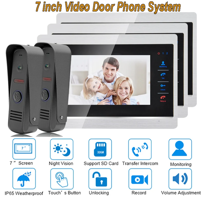 

7 Inch Video Door Phone Monitor Intercom System Kit Night Vision 1200 TVL Doorbell Camera Recording SD Card Support 2V3