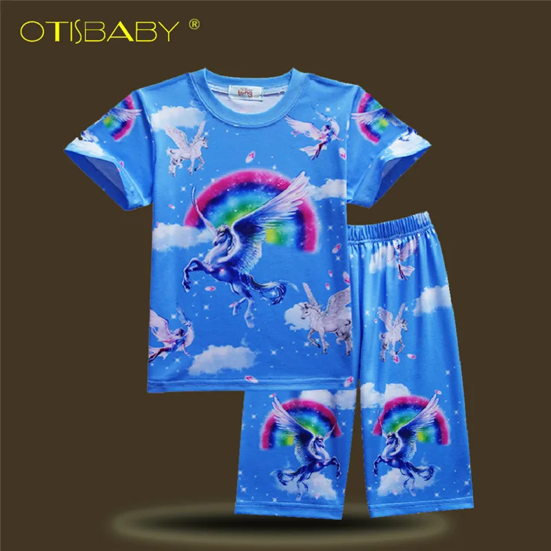 Short Sleeve Blue 2 предмета, летняя Пижама с единорогом для девочек от 2 до 10 лет, пижама для мальчиков и девочек комплект одежды для детей, милые детские пижамы животные, комплект - Цвет: Short Sleeve Blue