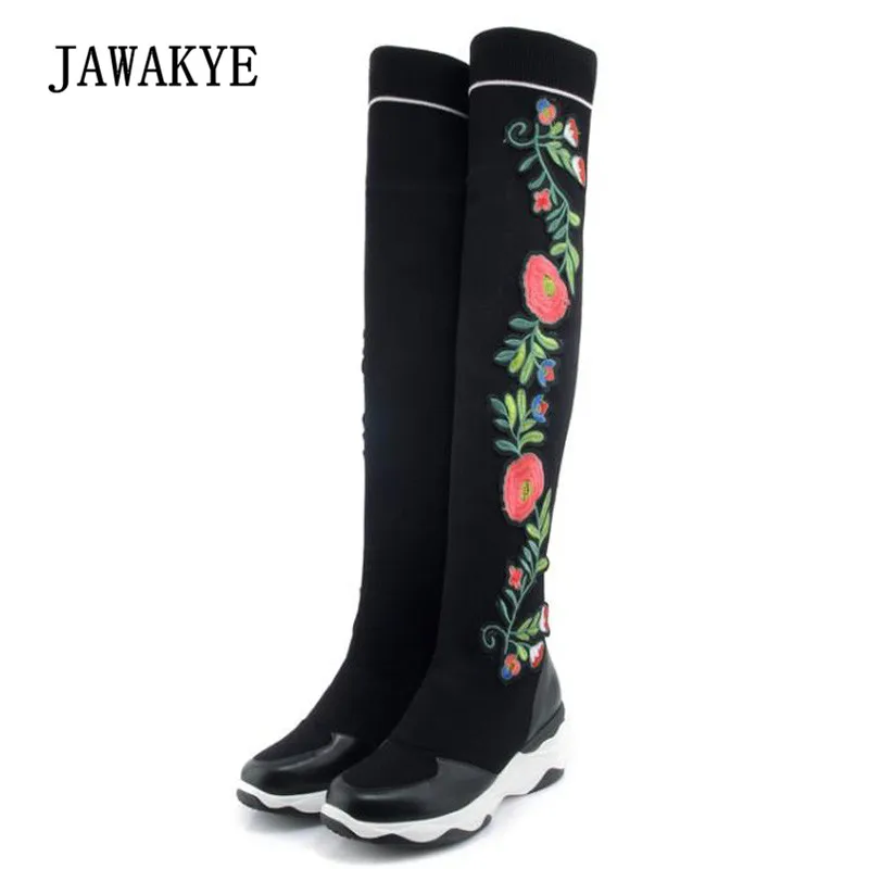 

2019 Sexy Knit Over The Knee Boots Women Round Toe Flower Embroidery Wedges Platform Boots Woman Strech Sock Boots