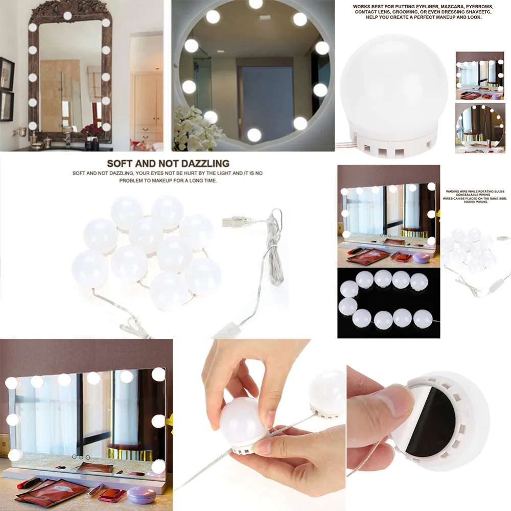 10 Bulbs Vanity LED Makeup Mirror Lights Dimmable Bulb Warm/Cold Tones