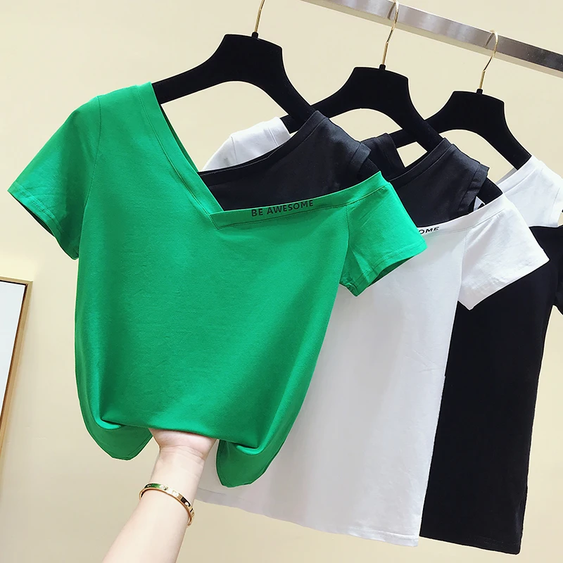

T-shirt Women 2019 Short Sleeve One Shoulder White T Shirt Women Top Cotton Sexy Club Summer Female Green Tee Shirt Femme