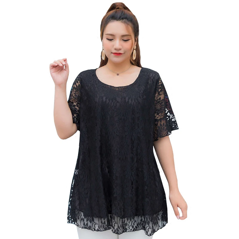 

3XL-7XL Large size women clothing 2018 Korean summer hollow lace shirt womens casual loose blouse shirts female sexy lace shirts