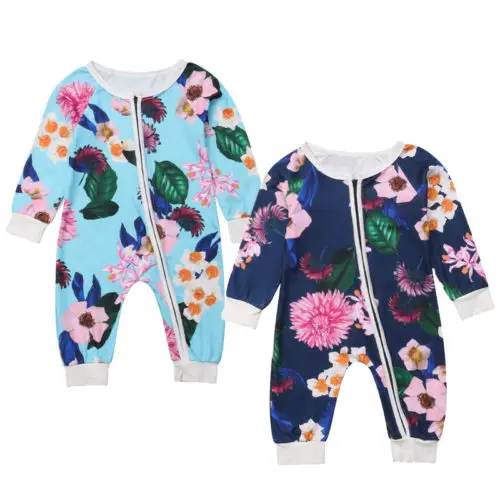 2018 Повседневное одежда для маленьких девочек с длинными рукавами с цветочным узором для девочек Комбинезон цветочный на молнии с круглым