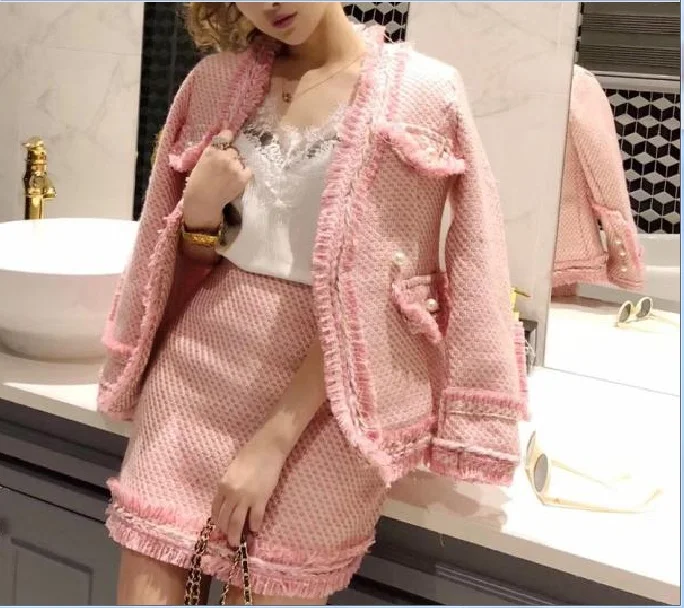 Cou De Ensemble Élégant Vintage V Gland Slim Longues Pièces Arrivée Manches Automne 2018 Perles À Jupe Mode Veste Deux Femmes Nouvelle Mini FYvwav