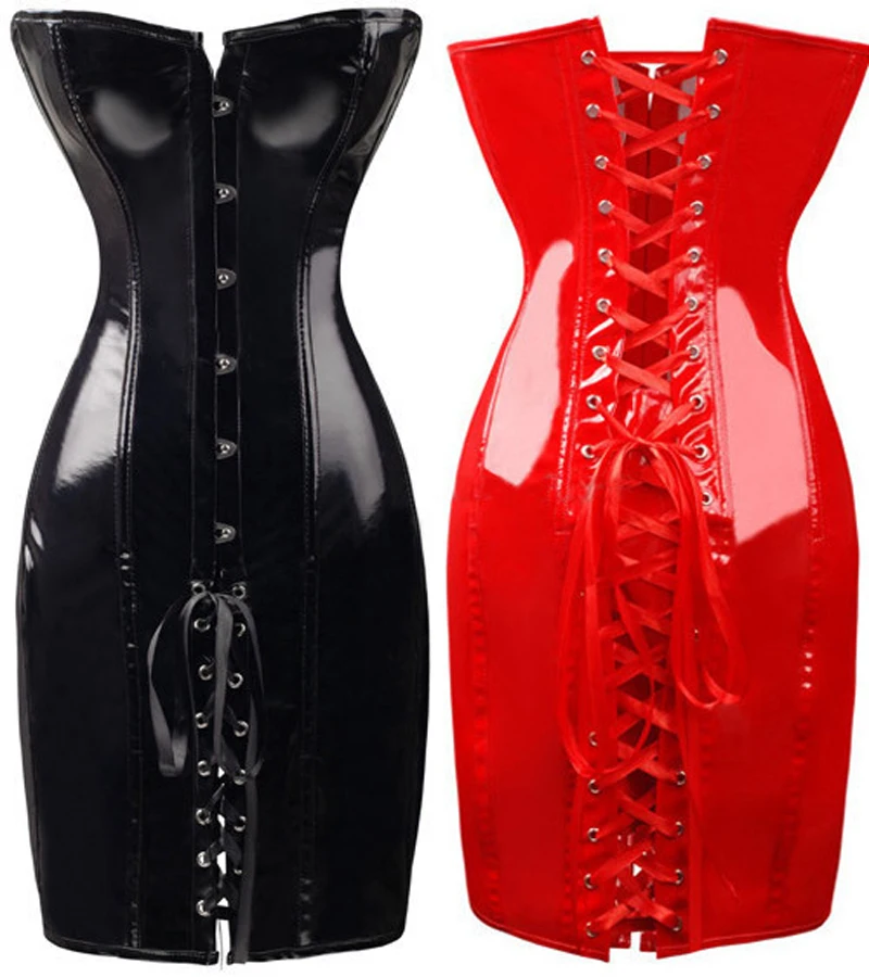 

S-XL Black/Red Women Sexy PVC Corsets Dress Lace up Back Boned Overbust Bustiers Dress Sexy Bodycon Summer Party Dresses