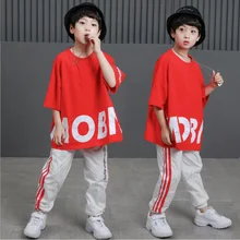 Детские свободные костюмы для бальных танцев, джаза, хип-хоп, соревнований, Красная футболка, топы, штаны, одежда для мальчиков и девочек, костюмы, Одежда для танцев