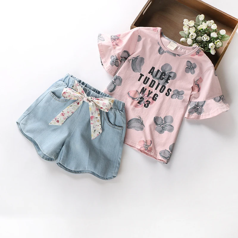 

Girls ' Summer Dress 2019 New Foreign Gas Set Big Boy Denim Shorts Summer Short Sleeve Children Two Set Girl Baby Girl Clothes