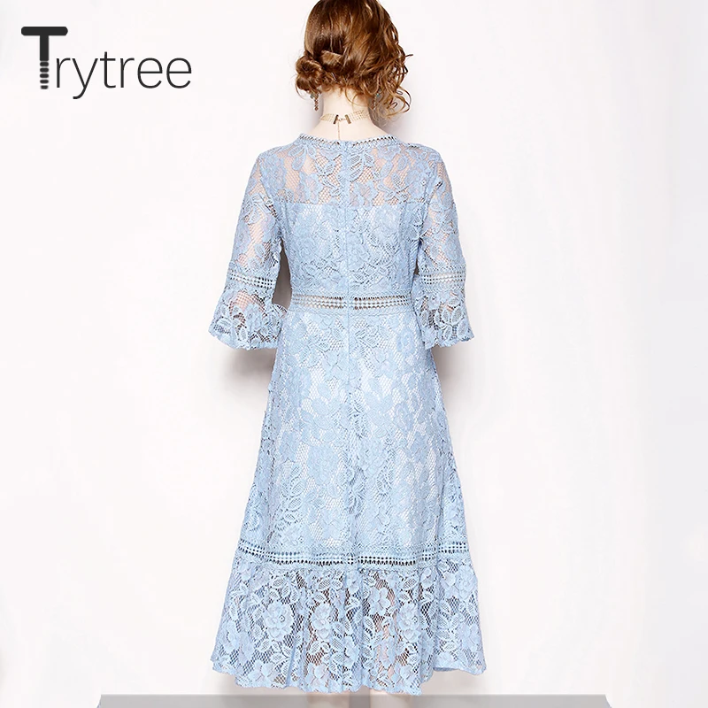 Trytree летнее осеннее платье элегантное кружевное повседневное однотонное синее с