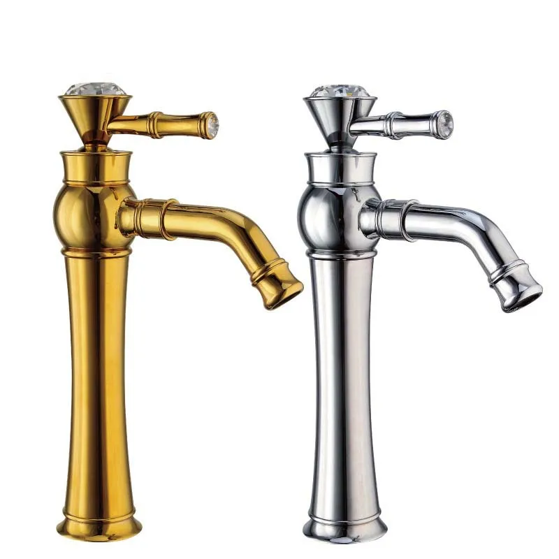 

Bathroom polished chrome gold finish faucet tall faucets with single crystal handle bend spout design mixer
