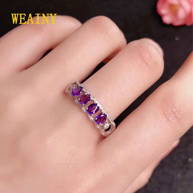 

WEAINY S925 sterling silver natural amethyst ring, ladies purple gemstone birth stone ring, send girlfriend gifts