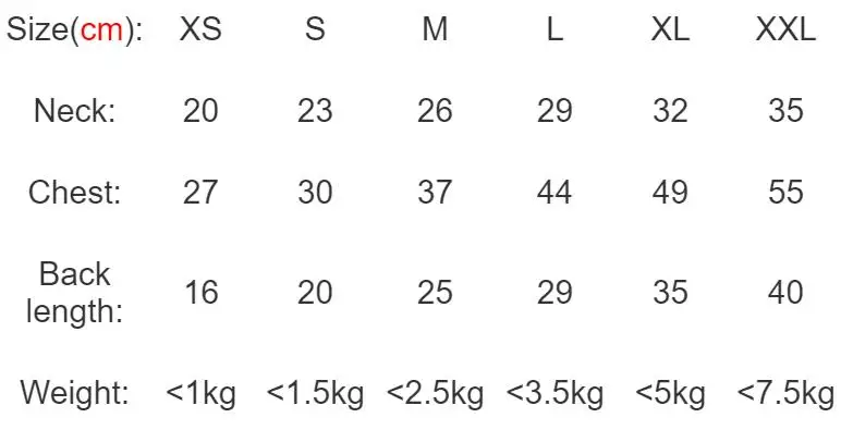 dog clothes size chart