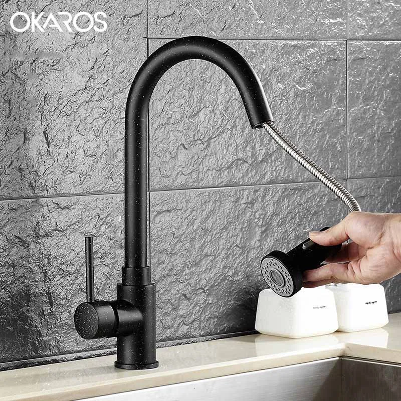 Kitchen Faucet Pull Out 360 Degree Rotation Brass Black Baked Single Handle Vessel Sink Hot And Cold Water Tap Mixer Torneira