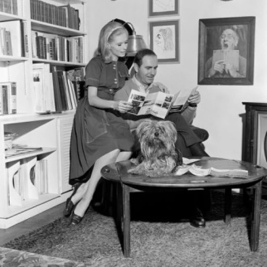 Mid adult couple reading magazine in living room Poster Print (18 x 24)