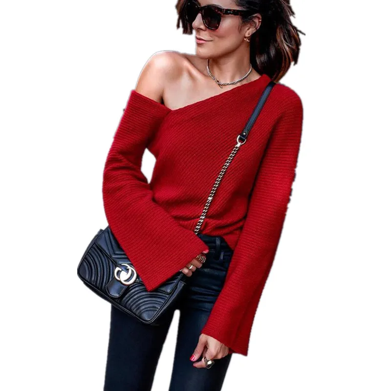 

2019 Autumn Winter New Women Sexy Off Shoulder Solid Casual Loose Knitted Sweater Tops Long Sleeve Fashion Office Lady Pullovers
