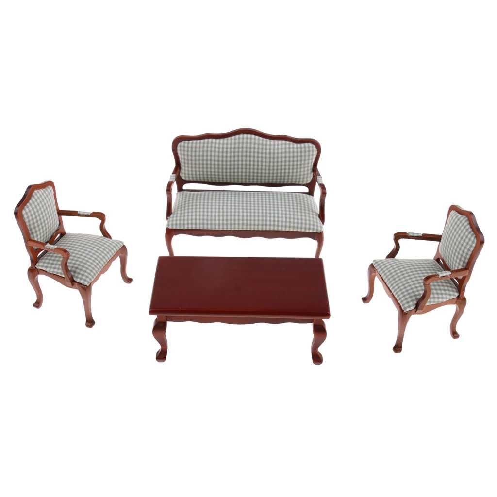 

1/12 Dollhouse Miniature Living Room Furniture Sofa Chairs Table Set Plaid Pretend Play Furniture Toys Doll House Decor Acces