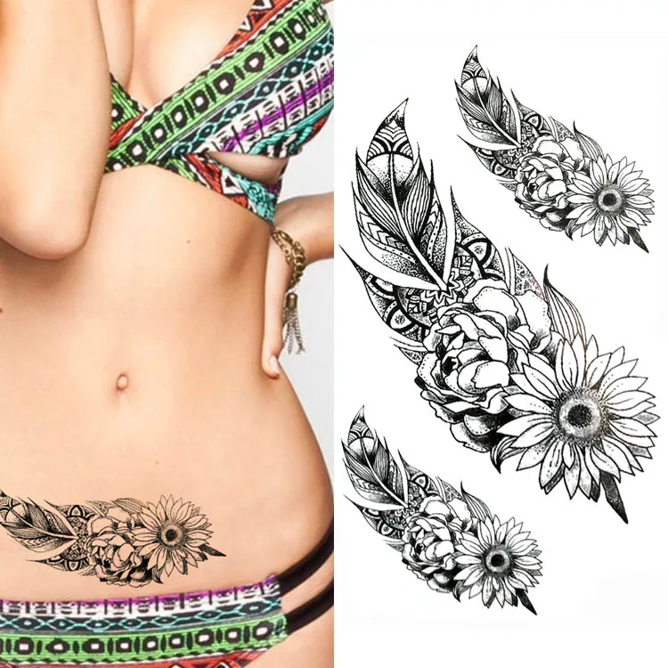 

Black big flower feather Body Art Waterproof Temporary Sexy tattoos For Woman Flash Tattoo Stickers 10*20CM