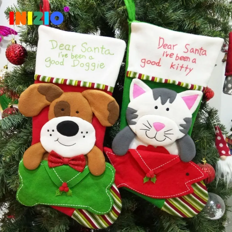 

2019 NEW Cute Cat Dog Christmas Stockings Socks Christmas New Year Candy Bag Gift Bags Kids Christmas Decorations