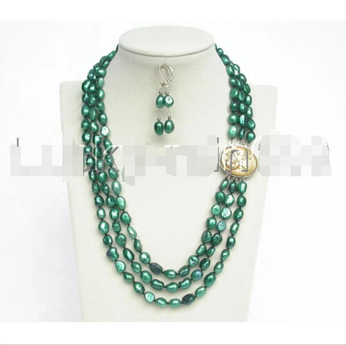 

*******Genuine 20" 3row 12mm baroque green pearls necklace dangle Earring e1536