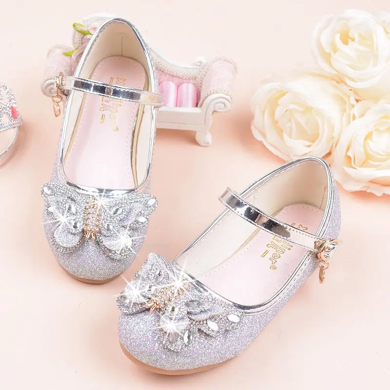 

Aisha Princess Kids Leather Shoes For Girls Flower Casual Glitter Children High Heel Girls Shoes Butterfly Knot Blue Pink Silver