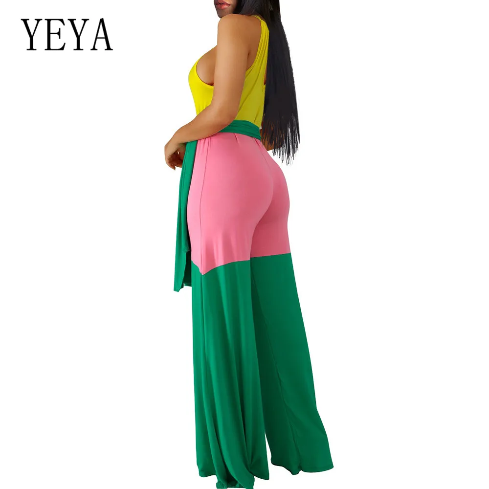 YEYA Fashion 3-color Patchwork Wide Leg Jumpsuits Elegant Sleeveless Halter Loose Playsuits Summer Casual High Street Overalls YEYA Fashion 3-color Patchwork Wide Leg Jumpsuits Elegant Sleeveless Halter Loose Playsuits Summer Casual High Street Overalls