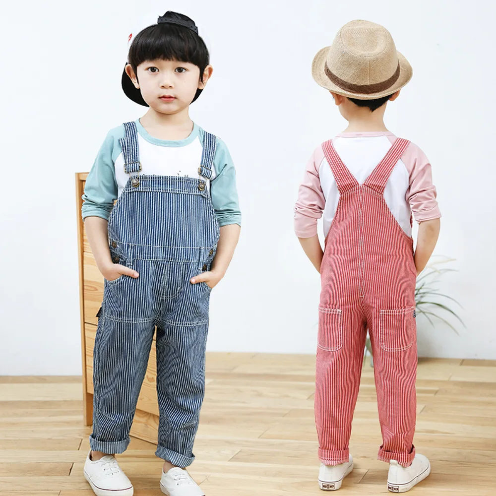 

2018 Spring summer New Children Kids Overalls Unisex Pants Boys Girls Pocket Overalls Jumpsuits Baby Striped Clothing 1-8 Year