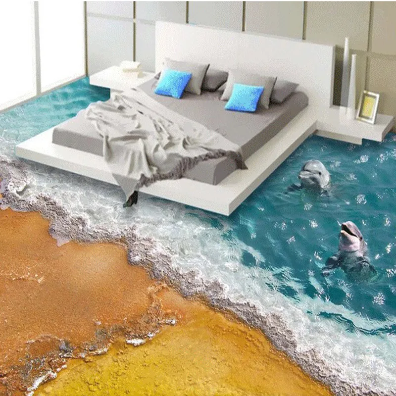 

Custom 3D Stereoscopic Floor Wallpaper Beach Wave Dolphin Modern Style Bedding Room Bathroom Vinyl Mural Wall Papers Home Decor