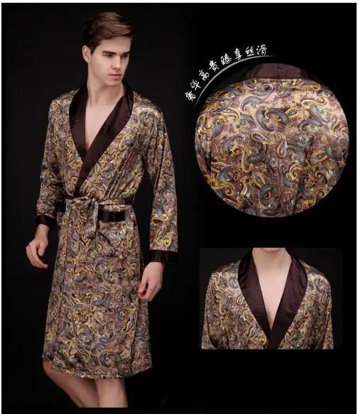 Hot style men's summer long sleeves silk robe household long-sleeved leisurewear