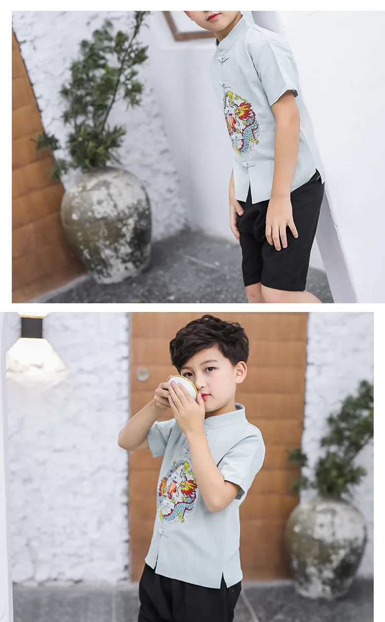 Летние комплекты в китайском национальном стиле для мальчиков футболка с вышивкой+ шорты Harlan 2 предмета, Детская традиционная одежда династии Тан ханфу