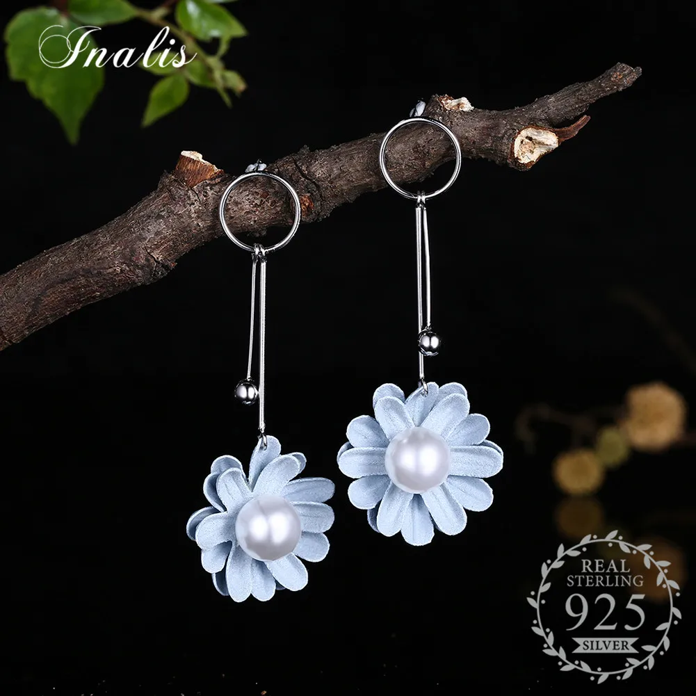 

IMALIS 925 Sterling Silver Dangle Drop Earrings Blue Flower Statement Elegant with Pearl Women Fashion Jewelry Wholesale