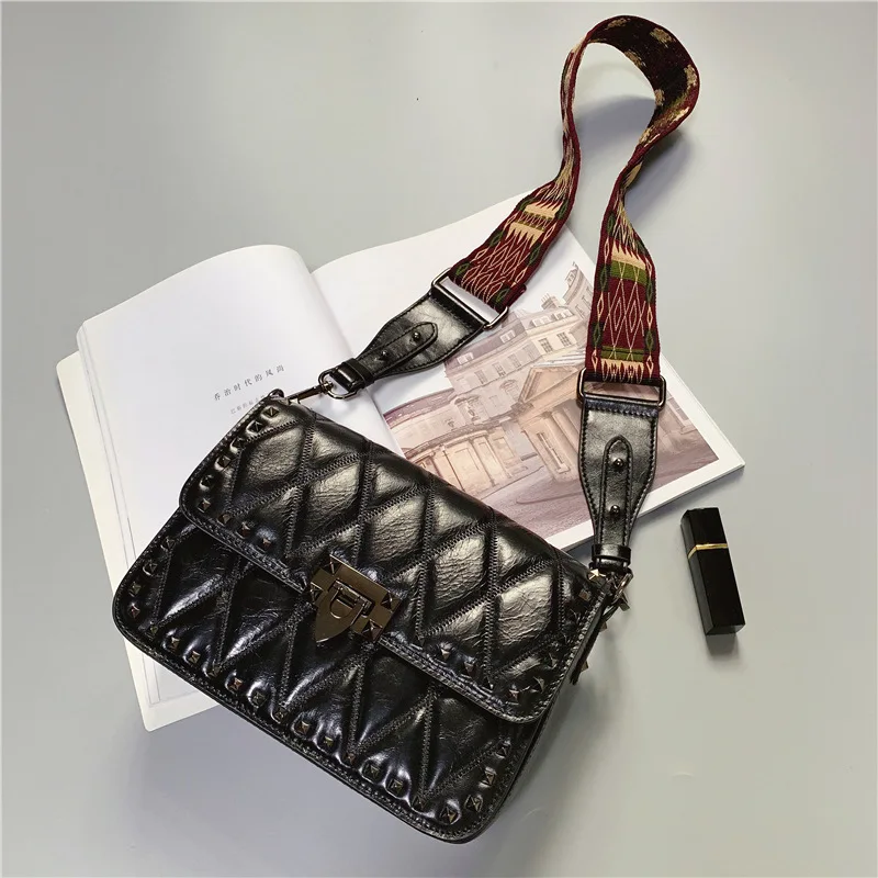 

Simple fashion high quality leather women's handbag diamond lattice leisure wide shoulder strap shoulder bag
