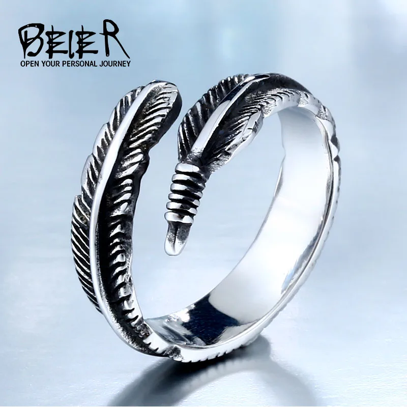 BEIER New Designed Vintage Feather 316L Stainless Steel Rerto Leave Ring For Man Woman Never Fade BR8-306