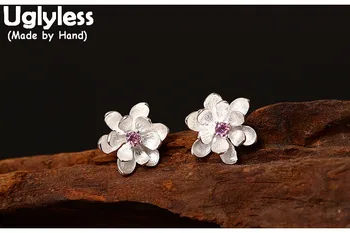 

Uglyless Real S 925 Sterling Silver Handmade Lotus Flower Stud Earrings Pink Crystal Women Studs Brincos Romantic Floral Jewelry