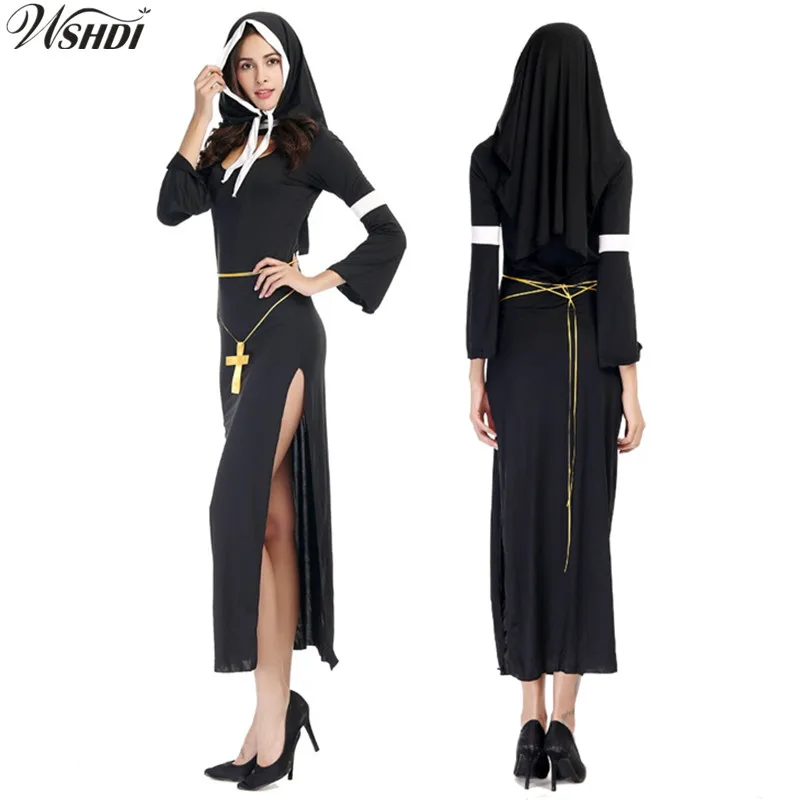 2018 Adult Halloween Costumes The Virgin Mary Nun Costume Black Sexy Catholic Nun Cosplay