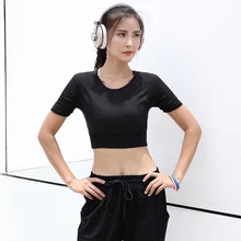 Женская спортивная дышащая сетчатая рубашка с коротким рукавом для йоги Черная Спортивная футболка для тренировок для бега из спандекса для фитнеса базовый слой укороченный топ